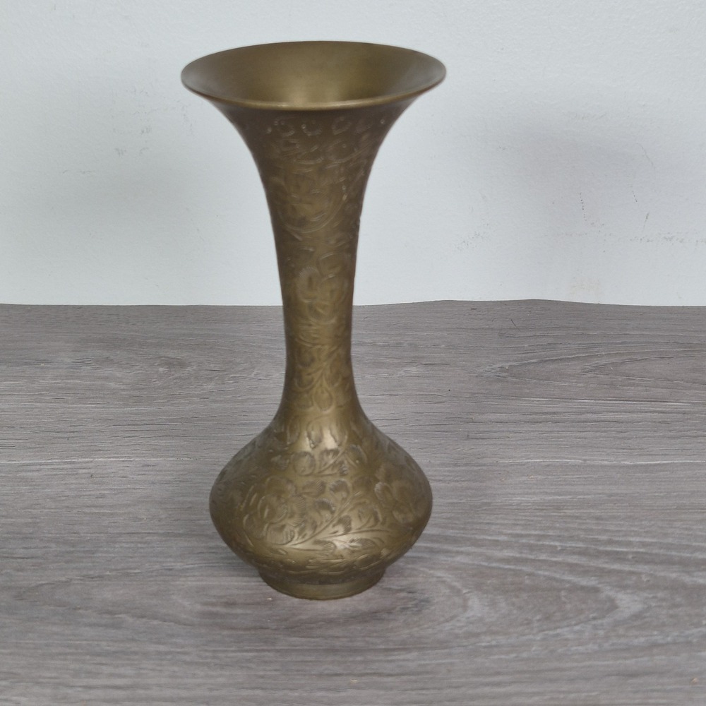 Vintage Etched Brass Bud Vase Made in India Floral Engraved
